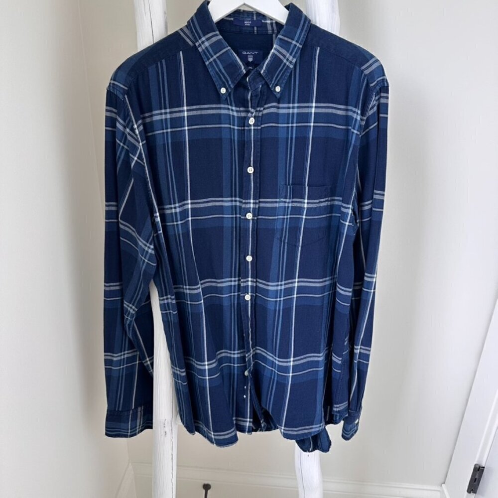 Gant Men's Plaid Long Sleeve Button Up Shirt Blue and White Plaid SZ 2XL